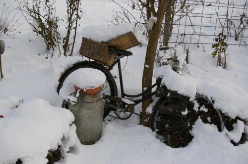 a bike parked next to a fire hydrant in the snow at Thalerhof in Roppen