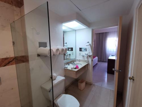 a bathroom with a toilet and a sink and a mirror at Canto del Sol Puerto Vallarta All Inclusive in Puerto Vallarta