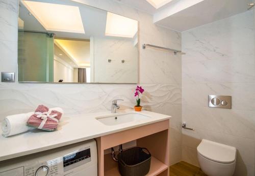 ein Badezimmer mit einem Waschbecken, einem WC und einem Spiegel in der Unterkunft Tonia's elegant place with Parking in Chania