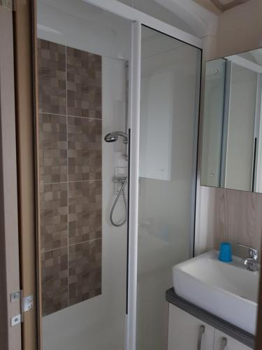 a bathroom with a shower and a sink at Camping les dunes de contis in Saint-Julien-en-Born