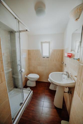 a bathroom with a toilet and a sink and a shower at Stone house in Novi Velia