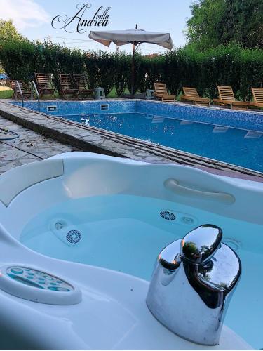a bath tub sitting next to a swimming pool at Vila Andrea in Danilovgrad