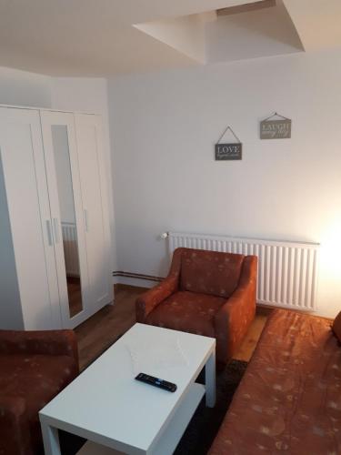 a living room with a couch and a coffee table at Apartman ANA in Slavonski Brod