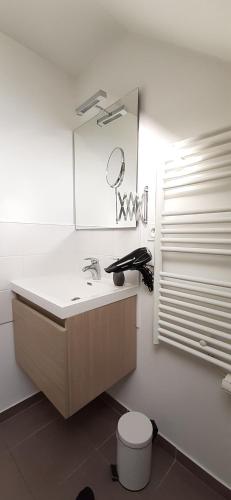 a white bathroom with a sink and a mirror at Le P'tit Cosy in Lorient