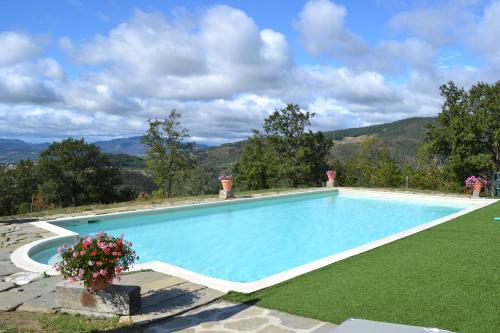 a swimming pool in a yard with mountains in the background at Il Cerro in Pelago