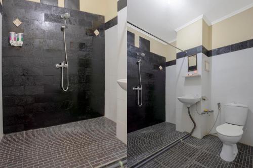 a bathroom with a shower with a toilet and a sink at Terrace Garden Homestay and Spa in Jimbaran