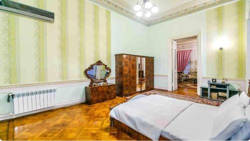 Torgovaya overview - most central place في باكو: غرفة نوم كبيرة مع سرير ومرآة