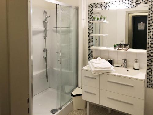 een witte badkamer met een douche en een wastafel bij Le TRICOTIN gîte 2-4 personnes in Sainte-Marie-aux-Mines