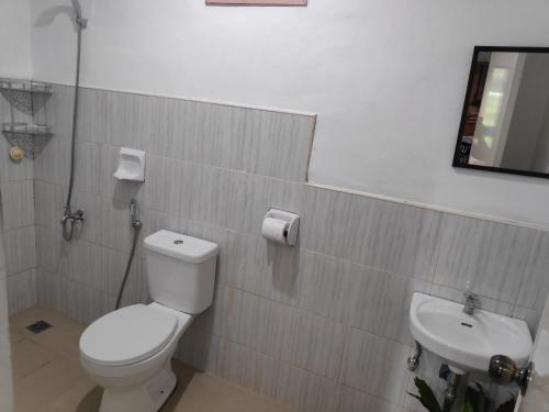 a bathroom with a toilet and a sink at NoBi's Inn, Port Barton in San Vicente