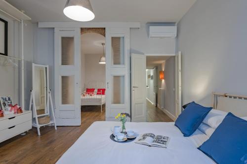 un soggiorno con divano bianco e cuscini blu di - Guelfa Apartment - a Firenze