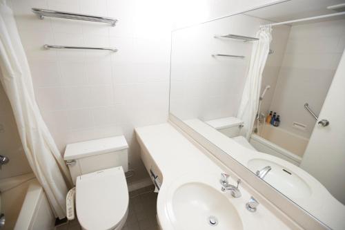 a white bathroom with a toilet and a sink at Myogi Green Hotel in Tomioka