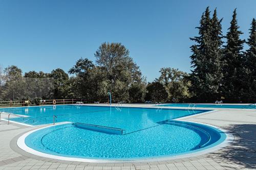 una grande piscina blu con alberi sullo sfondo di Camping Zocco a Manerba del Garda