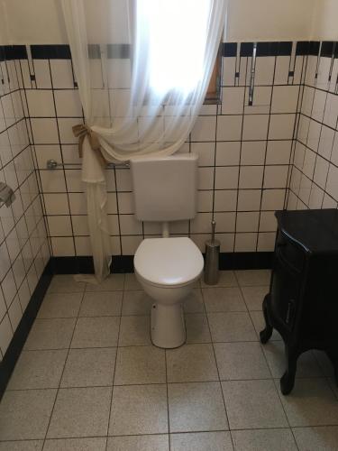 a white toilet in a bathroom with a window at Villa Berging in Neulengbach