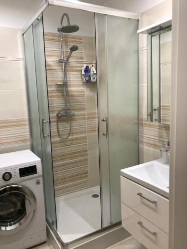 a shower in a bathroom with a washing machine at Sunny appartment by the river in Dolný Kubín