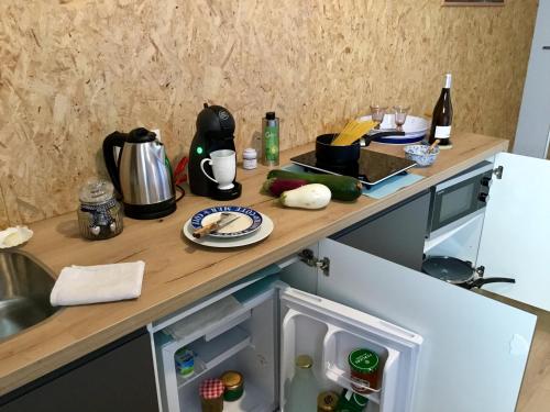 Il comprend une cuisine équipée d'un réfrigérateur et d'un évier. dans l'établissement Villa Sainte Marie, à Narbonne