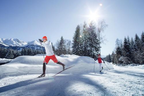 two people are cross country skiing in the snow at Karwendelgold in Scharnitz