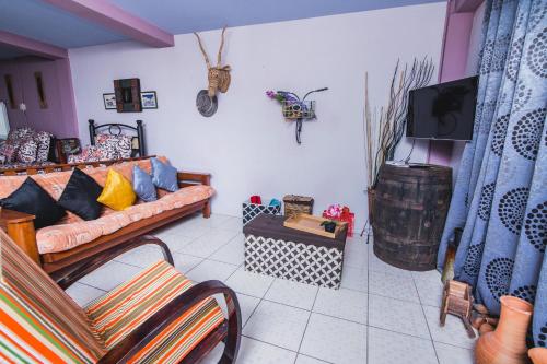 a living room with a couch and a tv at The Valley Oasis Inn in Saint Joseph