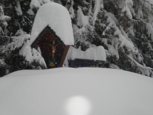 a snow covered house with a pile of snow on it at Leitingerhof in Virgen