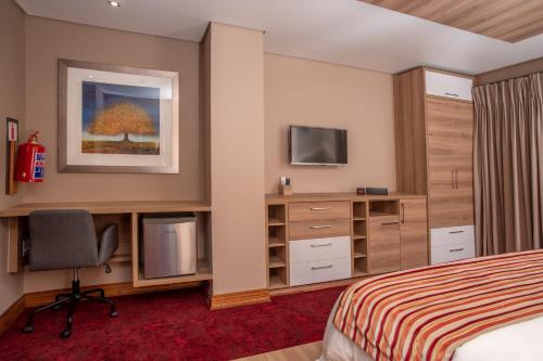 ein Hotelzimmer mit einem Bett, einem Schreibtisch und einem TV in der Unterkunft LOCH LOGAN HOTEL in Bloemfontein