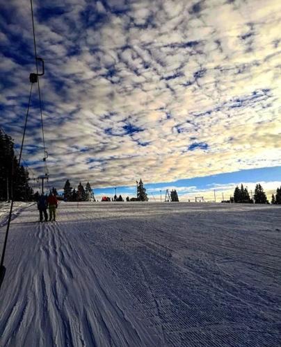 two people on skis in the snow under a cloudy sky at Apartma Borovnica Rogla in Vitanje