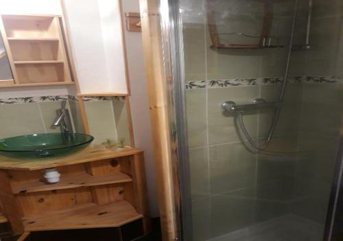 a bathroom with a shower with a sink and a glass shower at Studio cosy Wifi Les Deux Alpes centre in Les Deux Alpes