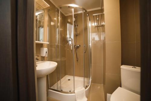 a bathroom with a shower and a sink and a toilet at GOLDEN RING in Ternopilʼ