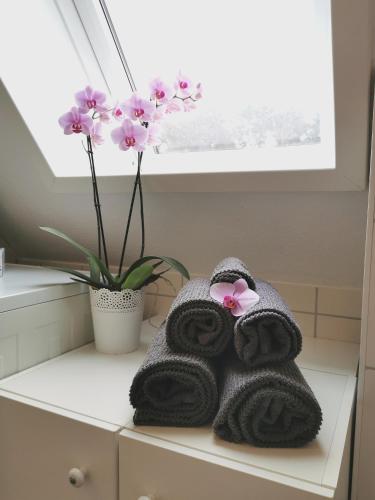 a pair of towels sitting on a shelf next to a plant at Ferienwohnung Weitblick in Prerow