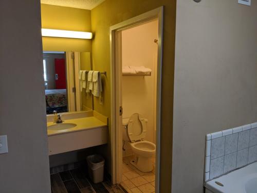 a bathroom with a toilet and a sink and a mirror at Economy Inn Express in Rock Hill