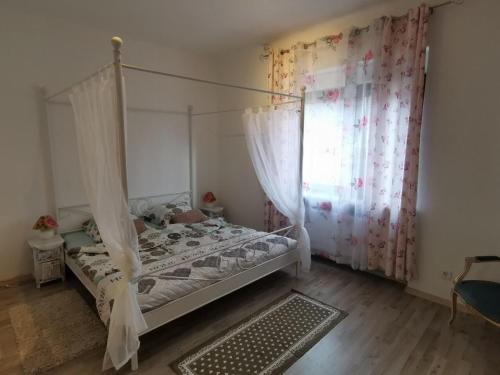 a bedroom with a canopy bed and a window at Apartment Viktoria in Püttlingen