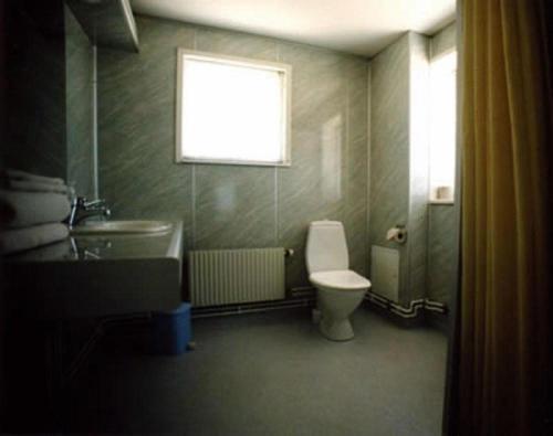 a bathroom with a toilet and a sink and a window at Wellingehus Hotel in Vellinge