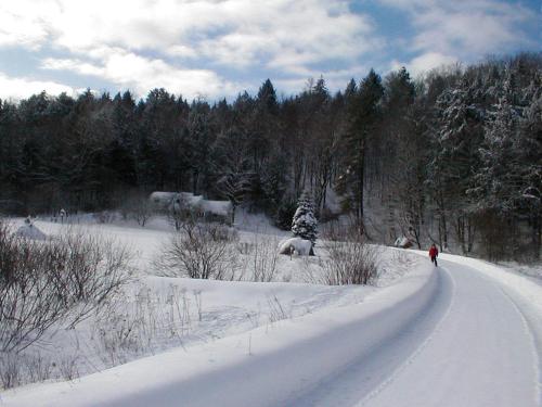 a person walking down a snow covered road at Mountain Valley Retreat in Killington