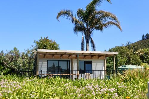 Una pequeña casa con una palmera encima. en Mount and Surf View Cabin, en Pataua