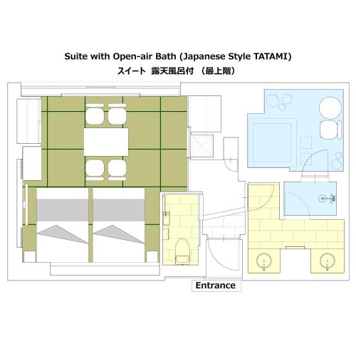 a plan of a bathroom with open air bathspaces style karma at PROSTYLE RYOKAN TOKYO ASAKUSA in Tokyo