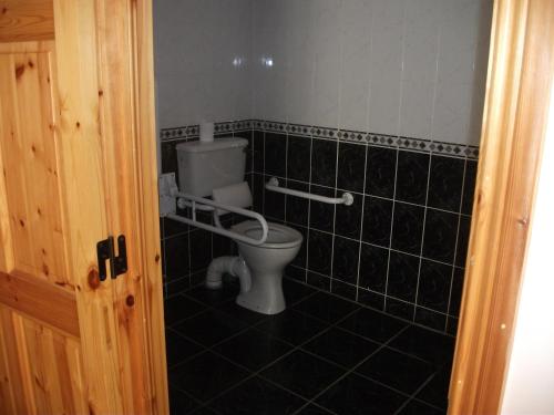 a bathroom with a toilet and black tiled walls at Clare Street B&B in Nenagh