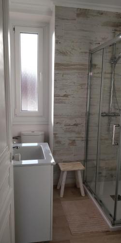 a bathroom with a sink and a glass shower at ITXASO in Hondarribia