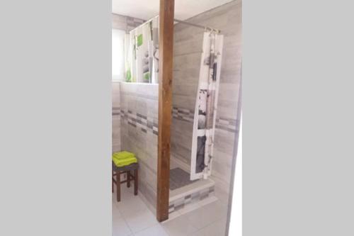 een badkamer met een douche en een bank. bij GITE LES MINOUX in Saint-Julien-de-Cassagnas