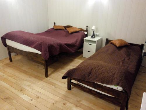 a bedroom with two beds and a wooden floor at Tereza's Palace in Pavel Banya