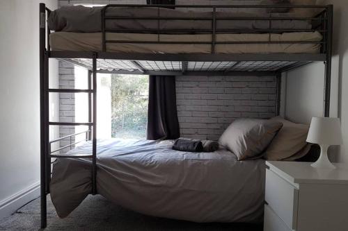 een slaapkamer met een stapelbed in een kamer bij Afan Valley Holiday Home Mountain Biking & Hiking - Yr Hafan in Port Talbot