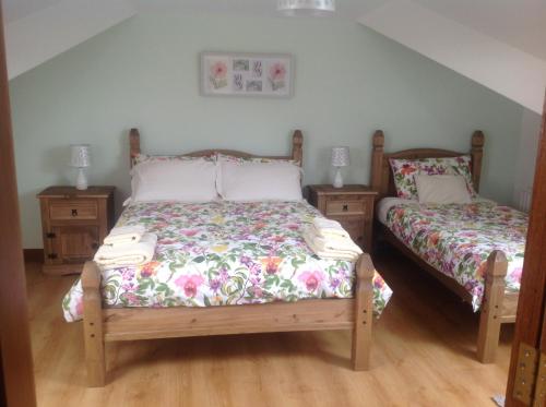 sypialnia z 2 łóżkami i 2 szafkami nocnymi w obiekcie The Rock Equestrian Farm B&B w mieście Bailieborough