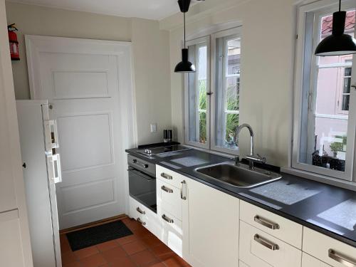リーベにあるRibe Sønderport Bed & Kitchenの白いキャビネットとシンク付きのキッチン