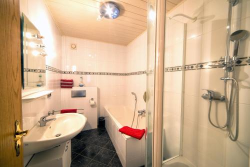 uma casa de banho com um chuveiro, um lavatório e uma banheira em Ferienwohnung Maria Laach em Glees