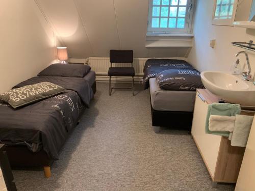 een kamer met 2 bedden, een wastafel en een wastafel bij De Distelhoeve in Helvoirt