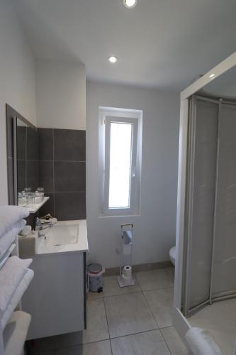 a bathroom with a sink and a toilet and a window at AUBERGE LE GABACHOU in Montpezat-de-Quercy