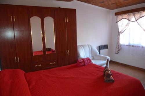 1 dormitorio con 1 cama con manta roja en TAID en Esquel