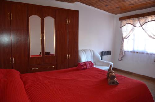 - une chambre dotée d'un lit rouge avec un chien assis dans l'établissement TAID, à Esquel