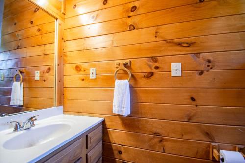 a bathroom with a sink and a wooden wall at Ladybug Resort Romantic Cabin With Mountain Views, Game Room, Close to Dollywood in Sevierville