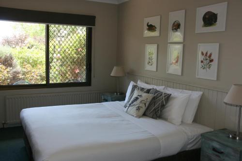 a bedroom with a large white bed with a window at Jindy Inn in Jindabyne