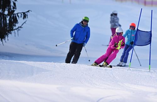 a group of people skiing down a snow covered slope at Apartmán Riviéra Lipno 510/21 in Lipno nad Vltavou