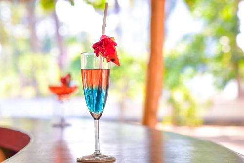 a glass with a red flower in it on a table at De Silva Palm Resort in Kalpitiya
