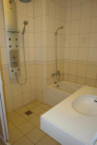 a bathroom with a shower and a tub and a sink at Hualien Sheraton Hostel in Hualien City